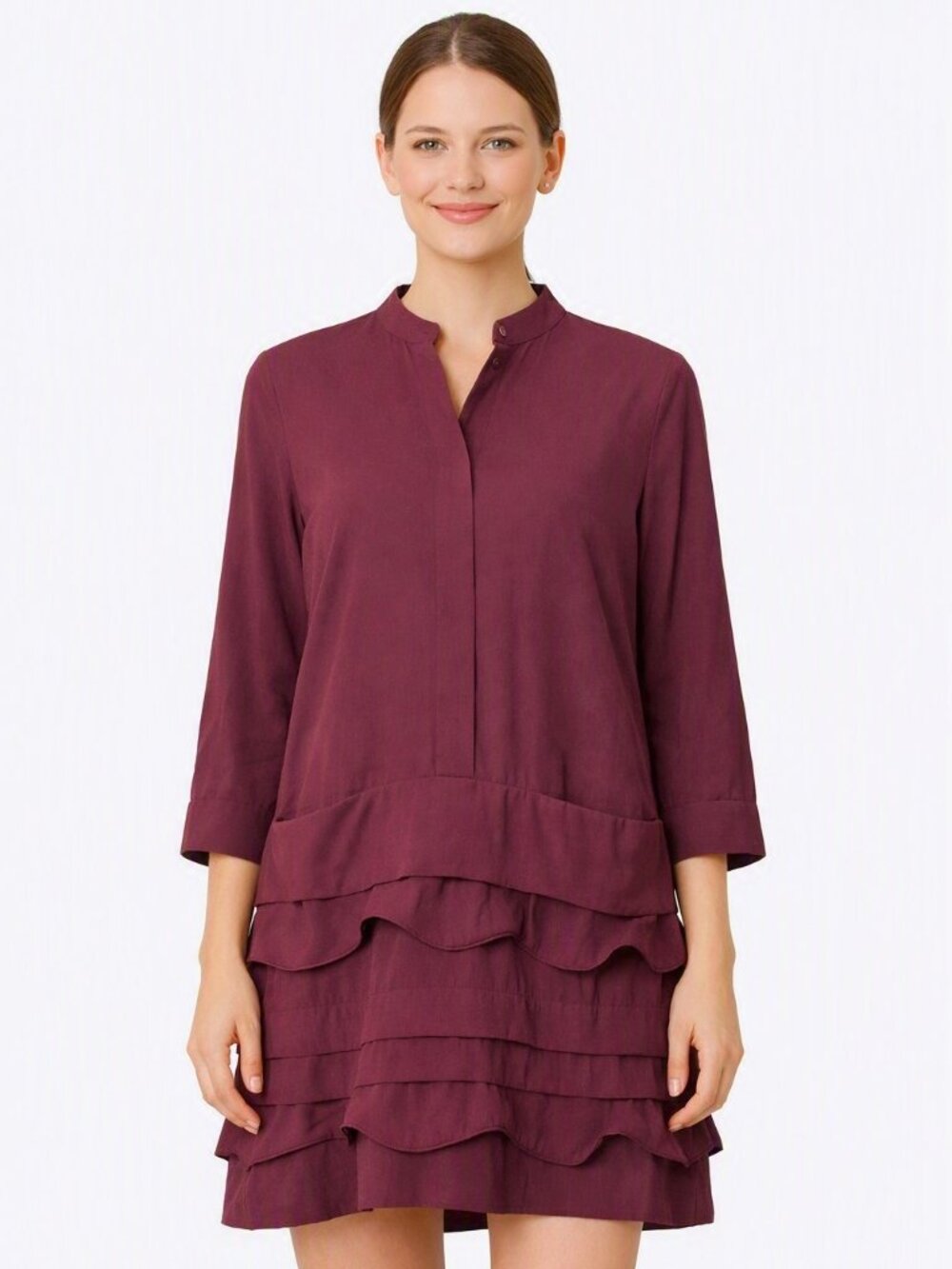 COS Scalloped Trim Layered Ruffle Mini Dress Long Sleeve Pocket Burgundy Size 6